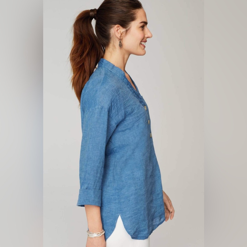 NWOT J.Jill Pure Jill Yarn-Dyed Linen Button-Front Tunic In Blue Quartz $99 MSRP